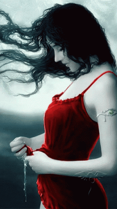 A Woman In A Red Dress Has A Green Eye On Her Sleeve GIF