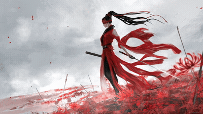 A Woman In A Red Dress Holding A Sword GIF