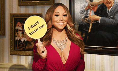 A Woman In A Red Dress Holds A Yellow Sign That Says I Don 'T Know Her GIF