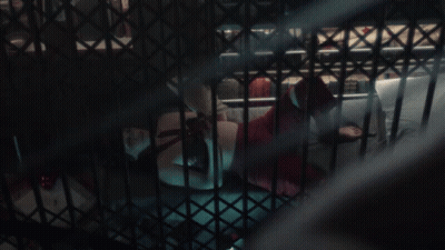 A Woman In A Red Dress Is Behind Bars In A Cage GIF