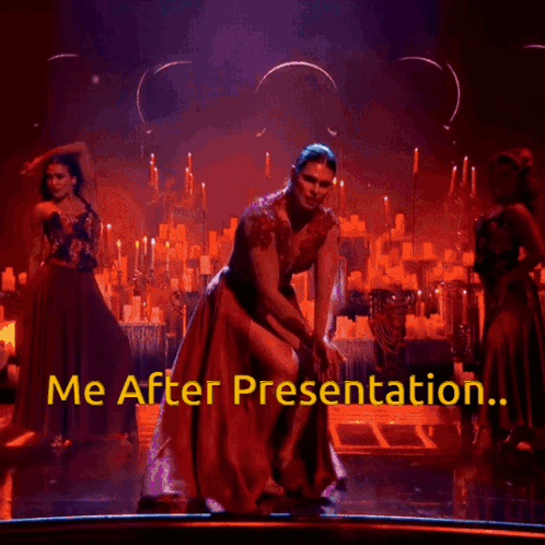 A Woman In A Red Dress Is Dancing On A Stage With The Words Me After Presentation GIF