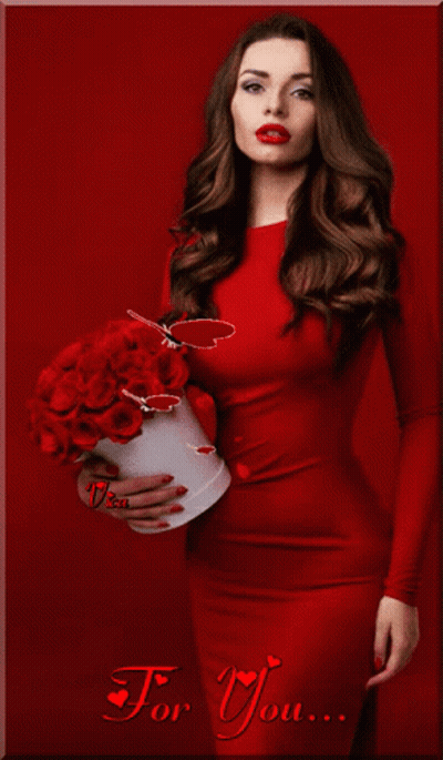 A Woman In A Red Dress Is Holding A Box Of Red Roses With The Words " For You " On The Bottom GIF