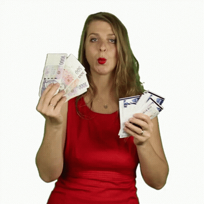 A Woman In A Red Dress Is Holding A Bunch Of Money In Her Hands Including A 1000 Bill GIF
