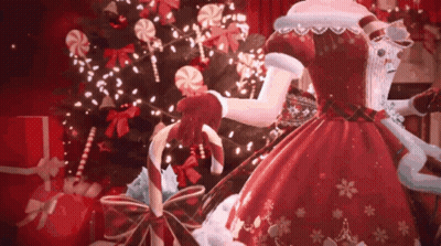 A Woman In A Red Dress Is Holding A Candy Cane . GIF