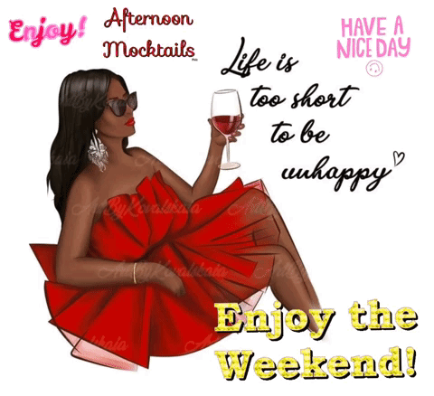 A Woman In A Red Dress Is Holding A Glass Of Wine And Says " Life Is Too Short To Be Unhappy " GIF