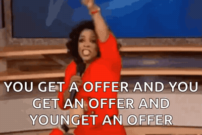 A Woman In A Red Dress Is Holding A Microphone And Saying You Get A Offer And You Get An Offer And You Youngget An Offer GIF