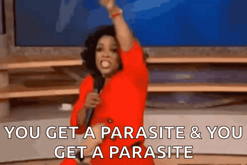 A Woman In A Red Dress Is Holding A Microphone And Says You Get A Parasite And You Get A Parasite GIF