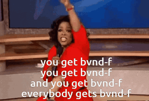 A Woman In A Red Dress Is Holding A Microphone And Says " You Get Bvnd-F You Get Bvnd-F " GIF