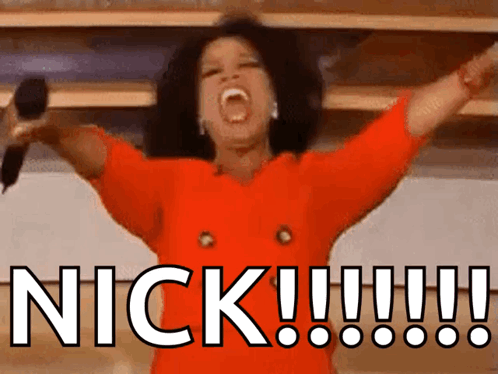 A Woman In A Red Dress Is Holding A Microphone And Screaming With The Word Nick Written Below Her GIF