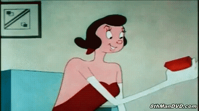 A Woman In A Red Dress Is Holding A Toothbrush With A Toothpaste On It In A Cartoon GIF