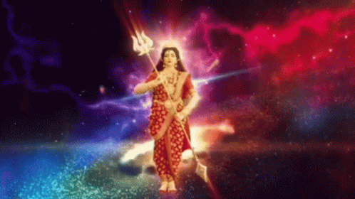 A Woman In A Red Dress Is Holding A Trident In A Galaxy . GIF