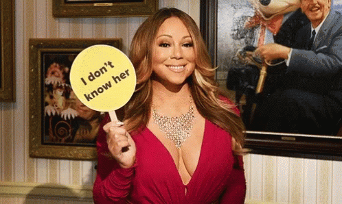 A Woman In A Red Dress Is Holding A Yellow Sign That Says I Don 'T Know Her GIF