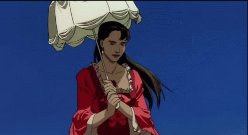 A Woman In A Red Dress Is Holding An Umbrella Against A Blue Sky GIF