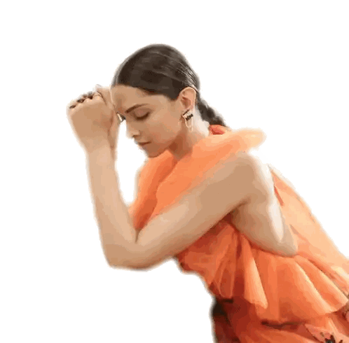 A Woman In A Red Dress Is Kneeling Down With Her Hands Folded In Front Of Her Face . Sticker
