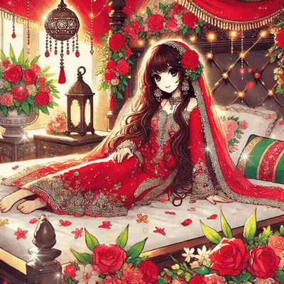 A Woman In A Red Dress Is Laying On A Bed Surrounded By Flowers GIF