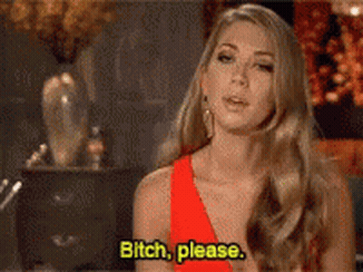 A Woman In A Red Dress Is Saying Bitch Please . GIF