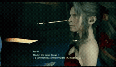A Woman In A Red Dress Is Smoking A Cigarette And Says Aerith Oooh Dis Donc Cloud GIF