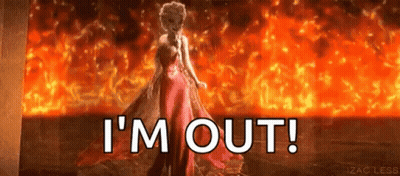 A Woman In A Red Dress Is Standing In Front Of A Fire And The Words `` I 'M Out '' . GIF
