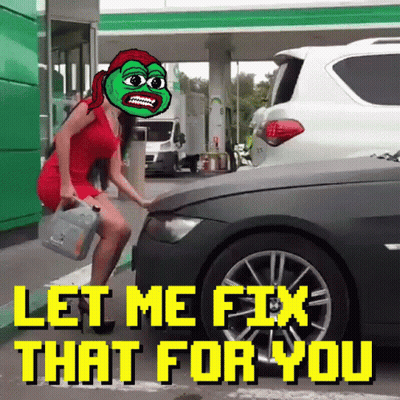A Woman In A Red Dress Is Standing Next To A Car With The Words " Let Me Fix That For You " On The Bottom GIF