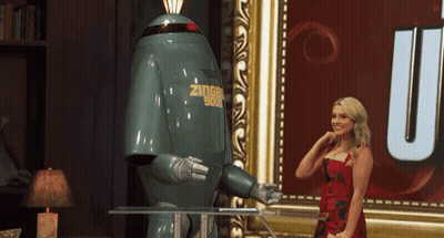A Woman In A Red Dress Is Standing Next To A Robot That Says Zinger God GIF