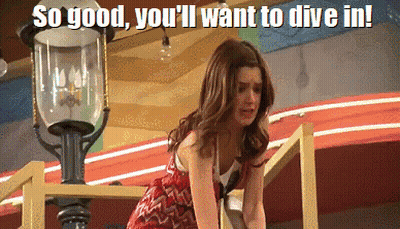 A Woman In A Red Dress Is Standing On A Staircase With The Words So Good You 'Ll Want To Dive In Above Her GIF