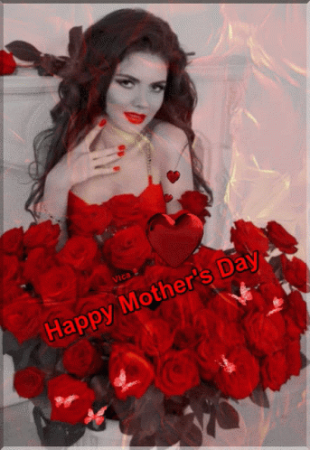 A Woman In A Red Dress Is Surrounded By Red Roses With The Words Happy Mother 'S Day GIF