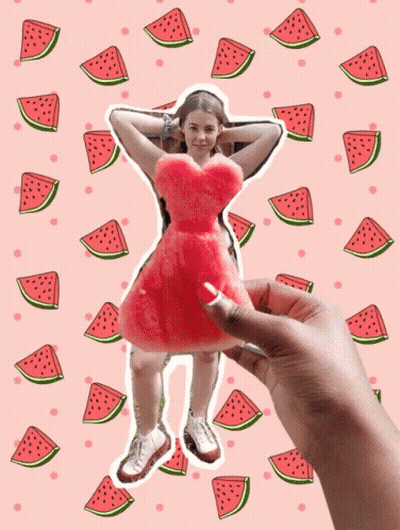 A Woman In A Red Dress Is Surrounded By Watermelons GIF