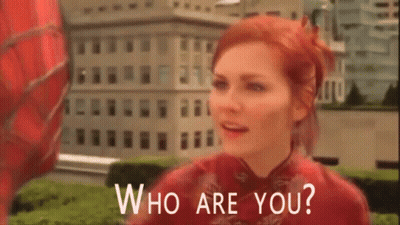 A Woman In A Red Dress Is Talking To A Spider Man And The Words Who Are You Are Behind Her GIF