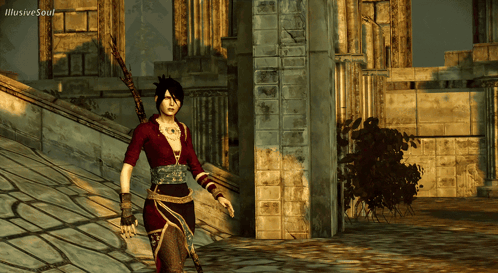 A Woman In A Red Dress Is Walking In A Video Game With Illusive Soul Written On The Bottom Right GIF