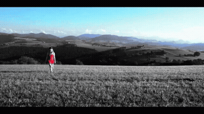 A Woman In A Red Dress Is Walking Through A Field GIF