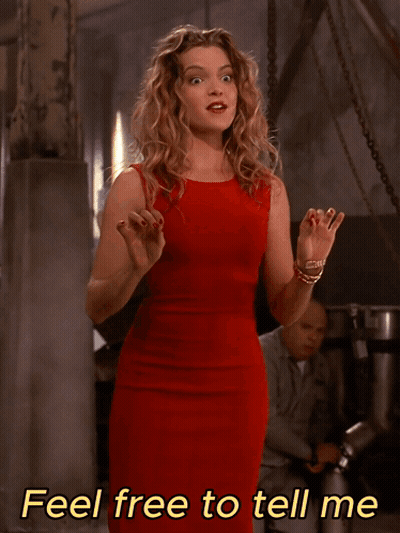 A Woman In A Red Dress Says " A Little Too Personal " In Yellow Letters GIF