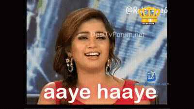 A Woman In A Red Dress Says Aaye Haaye In White Letters GIF