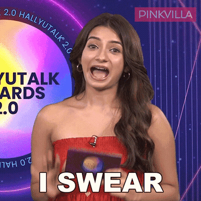 A Woman In A Red Dress Says I Swear In Front Of A Pinkvilla Logo GIF