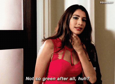 A Woman In A Red Dress Says " Not So Green After All Huh ? " GIF