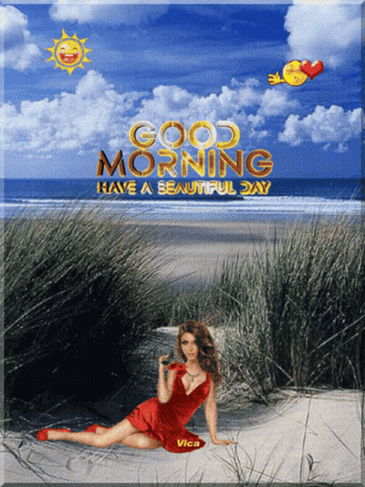 A Woman In A Red Dress Sits On A Sandy Beach With The Words Good Morning Have A Beautiful Day GIF
