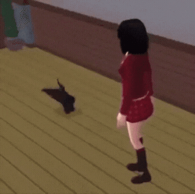 A Woman In A Red Dress Stands Next To A Black And White Cat GIF