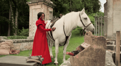 A Woman In A Red Dress Stands Next To A White Horse GIF