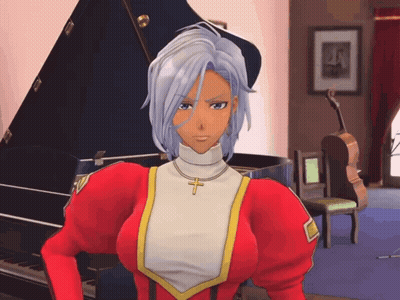 A Woman In A Red Dress With A Cross Around Her Neck Is Standing In Front Of A Piano GIF