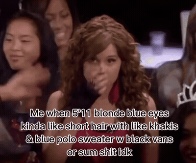 A Woman In A Red Dress With A Tiara On Her Head Says " Me When 5'11 Blonde Blue Eyes " GIF