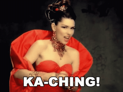 A Woman In A Red Dress With Ka-Ching Written In White GIF