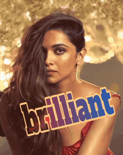 A Woman In A Red Dress With The Word Brilliant On The Bottom GIF