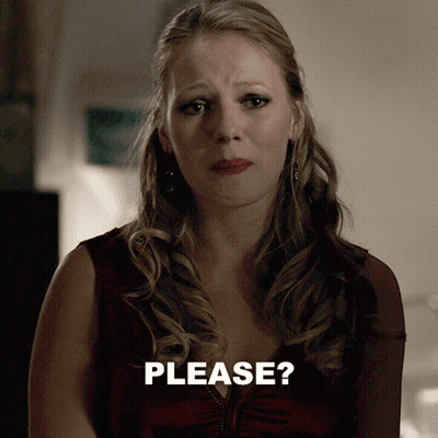 A Woman In A Red Dress With The Word Please Behind Her GIF