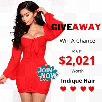 A Woman In A Red Dress With The Words Giveaway Win A Chance To Get $ 2,021 Worth Indicque Hair GIF