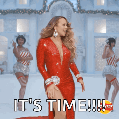 A Woman In A Red Dress With The Words It 'S Time GIF