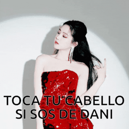 A Woman In A Red Dress With The Words " Toca Tu Cabello Si Sos De Dani " Below Her GIF