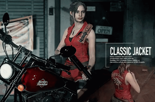 A Woman In A Red Harley Davidson Jacket Stands Next To A Red Motorcycle GIF