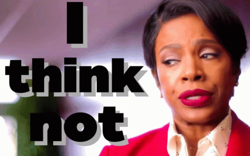 A Woman In A Red Jacket Has The Words I Think Not Behind Her GIF