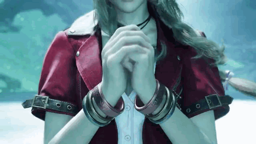 A Woman In A Red Jacket Is Holding Her Hands Together In A Video Game . GIF