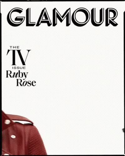 A Woman In A Red Jacket Is On The Cover Of Glamour Magazine GIF