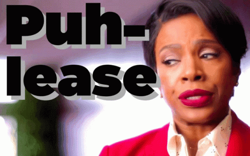 A Woman In A Red Jacket Is Standing In Front Of A Sign That Says " Puh-Lease " GIF